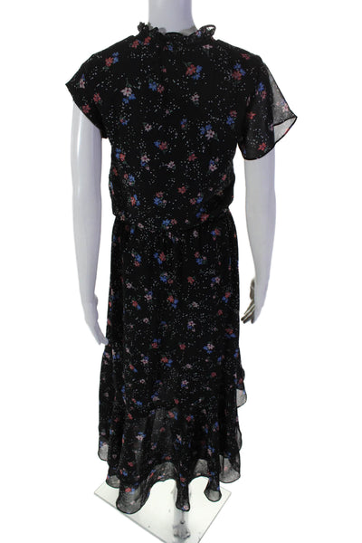 1. State Womens Floral Spotted Print Ruched Ruffled High-Low Dress Black SIze XS