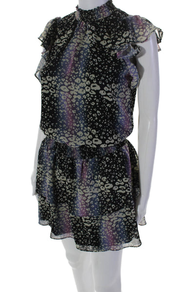 1. State Womens Ombre Animal Print Ruched Midi Tiered Dress Black Size XS