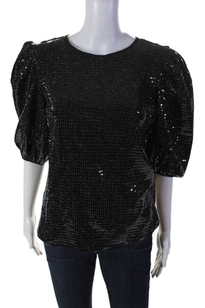 English Factory Womens Sequined Back Buttoned Bishop Sleeve Blouse Black SIze XS