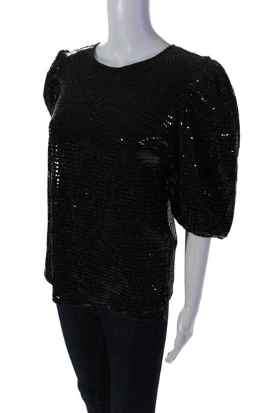 English Factory Womens Sequined Back Buttoned Bishop Sleeve Blouse Black SIze XS