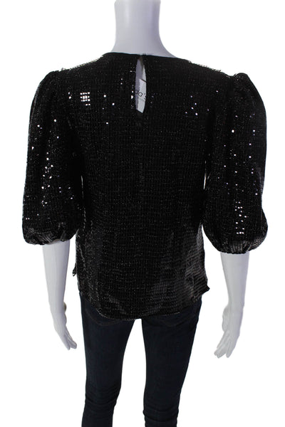 English Factory Womens Sequined Back Buttoned Bishop Sleeve Blouse Black SIze XS