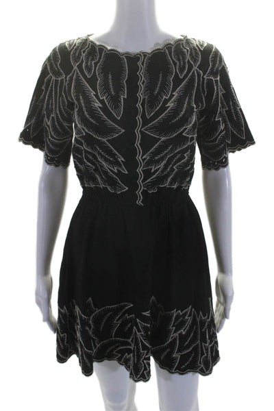 Alice + Olivia Womens Black Embroidered Crew Neck Short Sleeve Shift Dress Size0