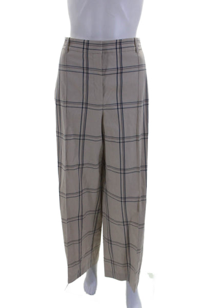 Lafayette 148 New York Womens Cotton Beige Plaid Pleated Wide Leg Pants Size 14