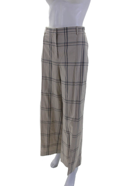 Lafayette 148 New York Womens Cotton Beige Plaid Pleated Wide Leg Pants Size 14