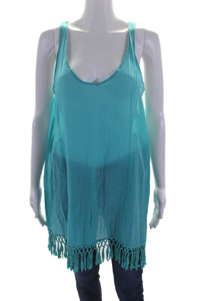 Cuyana Womens Cotton Scoop Neck Sleeveless Fringe Trim Coverup Dress Blue Size S