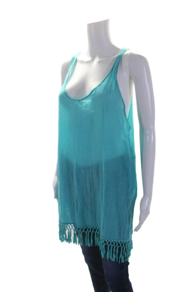 Cuyana Womens Cotton Scoop Neck Sleeveless Fringe Trim Coverup Dress Blue Size S