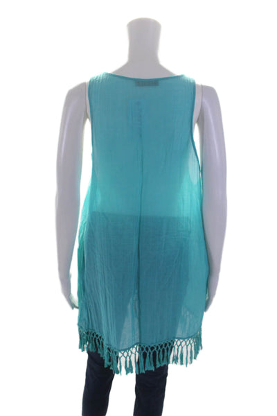 Cuyana Womens Cotton Scoop Neck Sleeveless Fringe Trim Coverup Dress Blue Size S