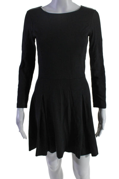 Theory Womens Long Sleeve Pleated Round Neck Skater Dress Black Size 2