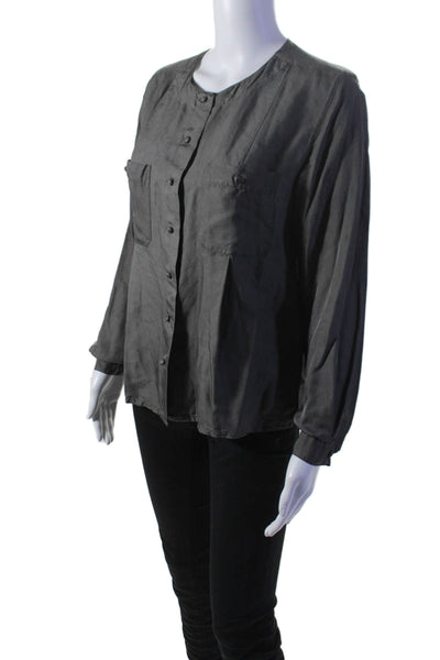 Kenneth Gordon Womens Round Neck Long Sleeve Button Up Blouse Top Gray Size S