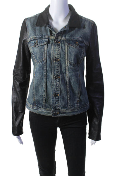 Veda X Madewell Womens Cotton Leather Trim Button Up Denim Jacket Blue Size M