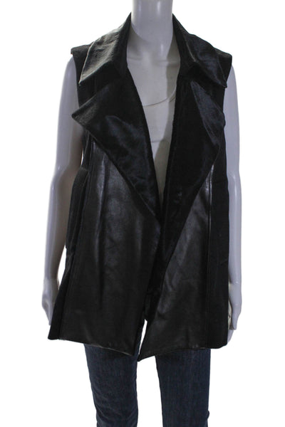 Reed Krakoff Womens Black Leather Calf Hair Trim Collar Vest Jacket Size 8