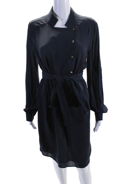 Tory Burch Womens Silk Button Detailed Textured Hem Collared Dress Blue Size10