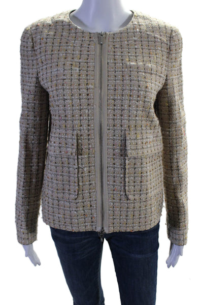 Tory Burch Womens Check Textured Zipped Long Sleeved Blazer Jacket Beige Size 6