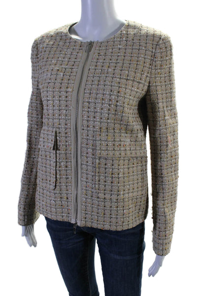 Tory Burch Womens Check Textured Zipped Long Sleeved Blazer Jacket Beige Size 6