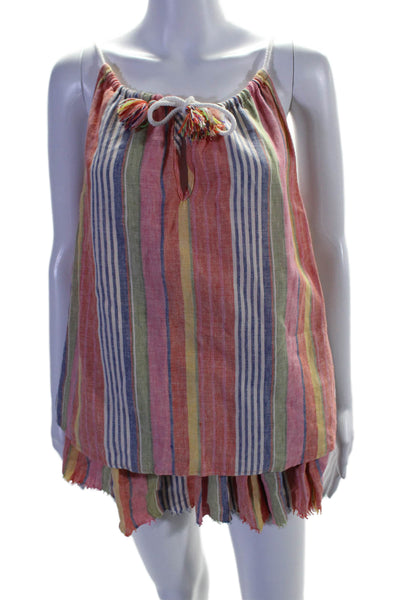 Sundays Womens Linen Multicolor Striped V-neck Blouse Top Short Set Size 0 2