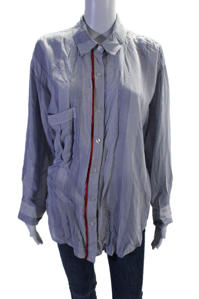 Smythe Womens Cotton Collared Long Sleeve Striped Button Up Blouse Blue Size S