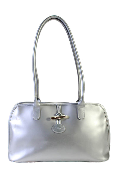 Longchamp Paris Womens Metallic Leather Zip Top Handle Shoulder Bag Silver