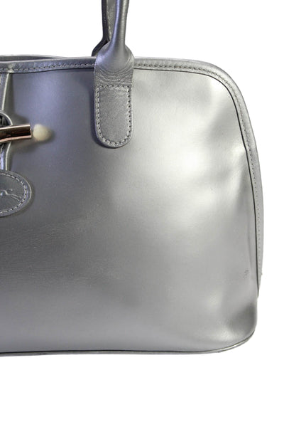 Longchamp Paris Womens Metallic Leather Zip Top Handle Shoulder Bag Silver