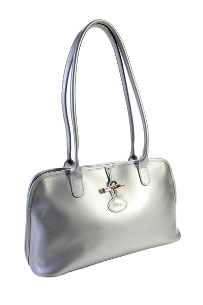 Longchamp Paris Womens Metallic Leather Zip Top Handle Shoulder Bag Silver