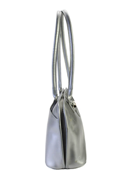 Longchamp Paris Womens Metallic Leather Zip Top Handle Shoulder Bag Silver