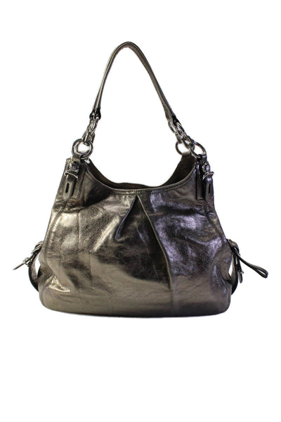 Coach Womens Metallic Silver Leather Buckle Detail Medium Shoulder Bag Handbag