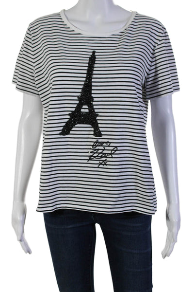 Karl Lagerfeld Womens Short Sleeve Striped Paris Tee Shirt White Black Large