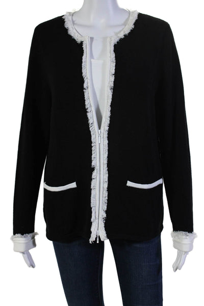 Belford Womens Front Zip Fringe Trim Crew Neck Knit Jacket Black White Large