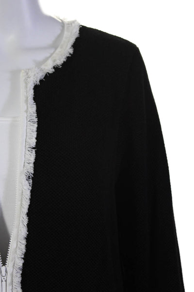 Belford Womens Front Zip Fringe Trim Crew Neck Knit Jacket Black White Large