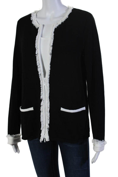 Belford Womens Front Zip Fringe Trim Crew Neck Knit Jacket Black White Large