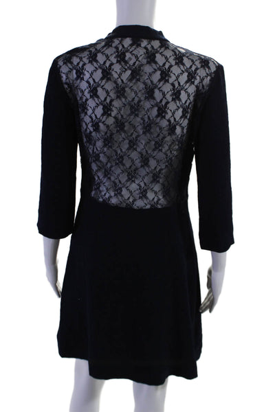 Sandro Paris Womens Long Sleeve Lace Panel Mock Neck A Line Dress Navy Size 3