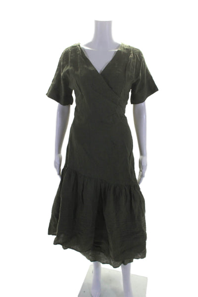 Apiece Apart Womens Linen Green V-neck Short Sleeve Wrap Dress Size M