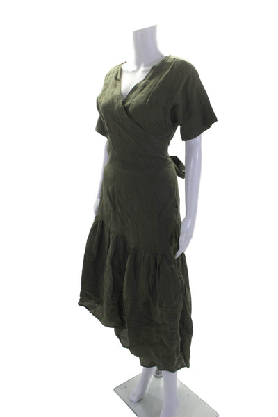 Apiece Apart Womens Linen Green V-neck Short Sleeve Wrap Dress Size M