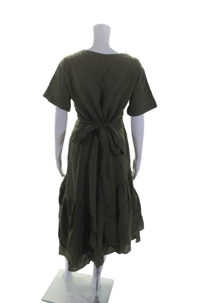 Apiece Apart Womens Linen Green V-neck Short Sleeve Wrap Dress Size M