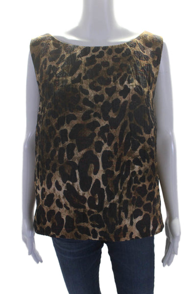 Lafayette 148 New York Womens Animal Print Zip Up Tank Top Blouse Brown Size 14