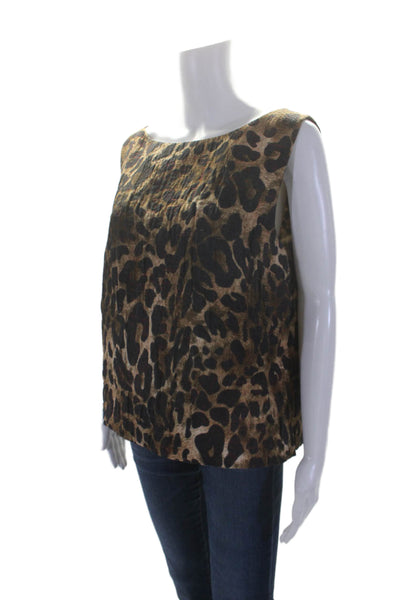 Lafayette 148 New York Womens Animal Print Zip Up Tank Top Blouse Brown Size 14