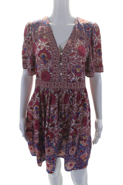 Ba&Sh Women's V-Neck Short Sleeves Half Button Flare Mini Dress Floral Size M