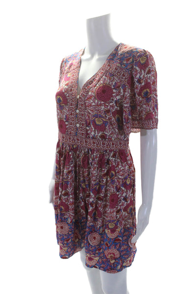 Ba&Sh Women's V-Neck Short Sleeves Half Button Flare Mini Dress Floral Size M