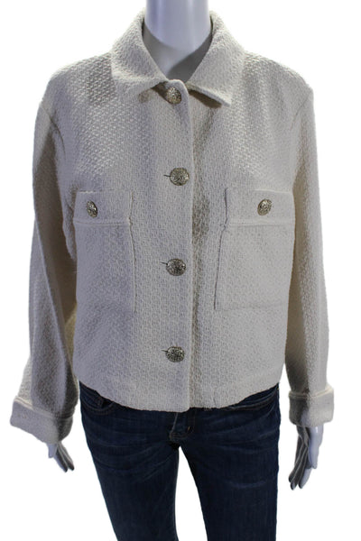 Zara Womens Cotton Blend Collared Long Sleeve button Up Jacket Cream Size L