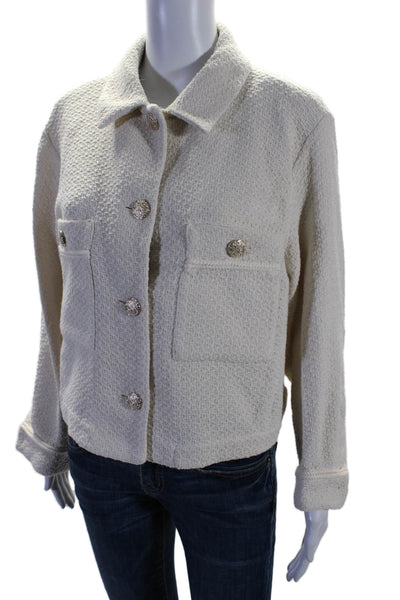 Zara Womens Cotton Blend Collared Long Sleeve button Up Jacket Cream Size L