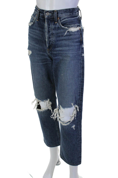 Agolde Women Dark Wash Distressed High Rise Straight Leg Jeans Blue Size 23