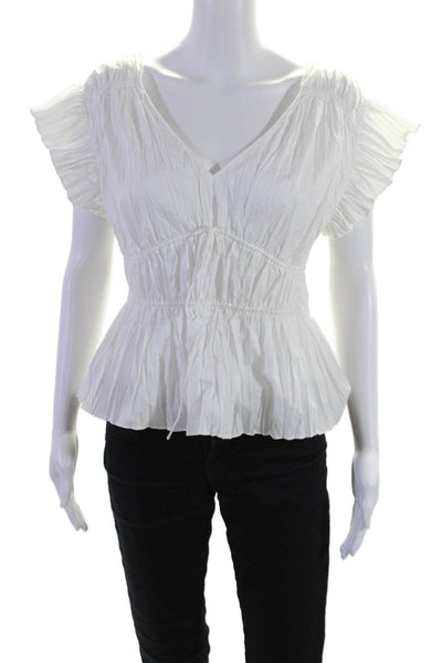 Rebecca Taylor Womens Cotton Ribbed Short Sleeved Ruffled Top White Size 2