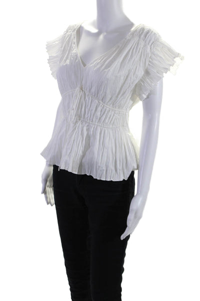 Rebecca Taylor Womens Cotton Ribbed Short Sleeved Ruffled Top White Size 2