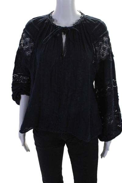 Sundays Women's Round Neck Tassel Long Sleeves Crochet Blouse Navy Blue Size 2