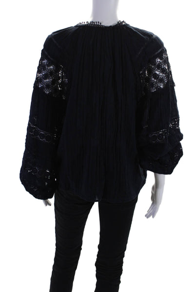 Sundays Women's Round Neck Tassel Long Sleeves Crochet Blouse Navy Blue Size 2