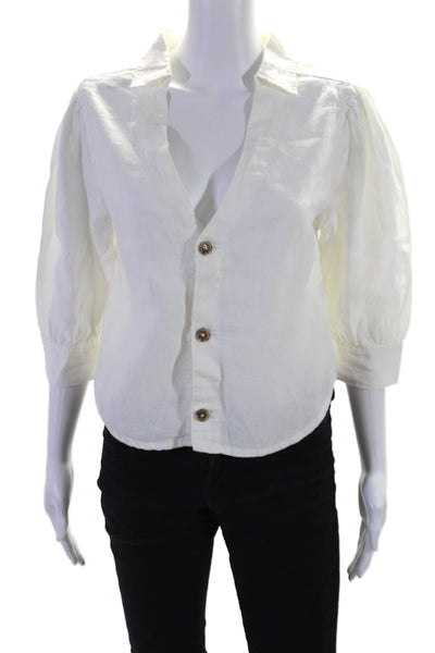 DL1961 Women's Collared Short Sleeves Button Down Linen Shirt White Size XS