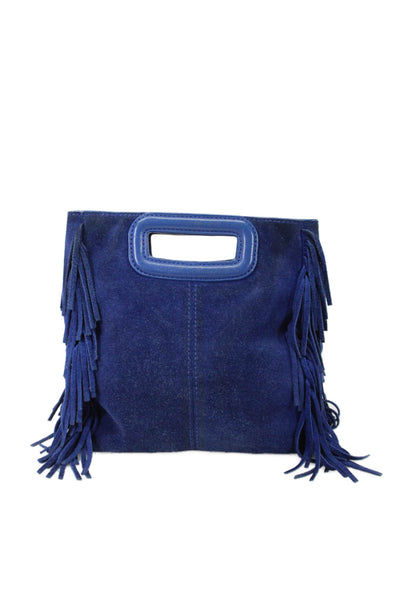 Maje Women's Suede Open Top Fringe Crossbody Handbag Blue Size S