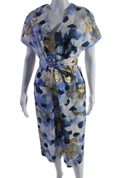 Lela Rose Womens Short Sleeve V Neck Floral Belted Dress Blue White Size 6