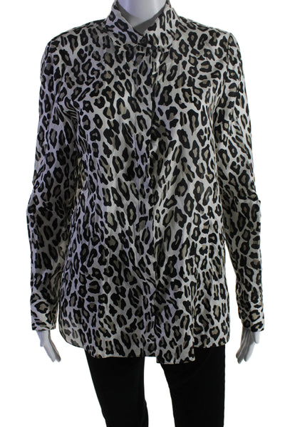 Theory Womens Button Up Long Sleeve Collared Leopard Silk Top White Black Medium