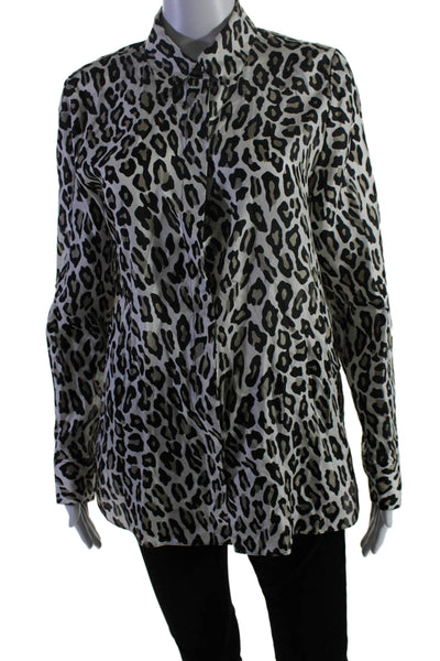 Theory Womens Button Up Long Sleeve Collared Leopard Silk Top White Black Medium