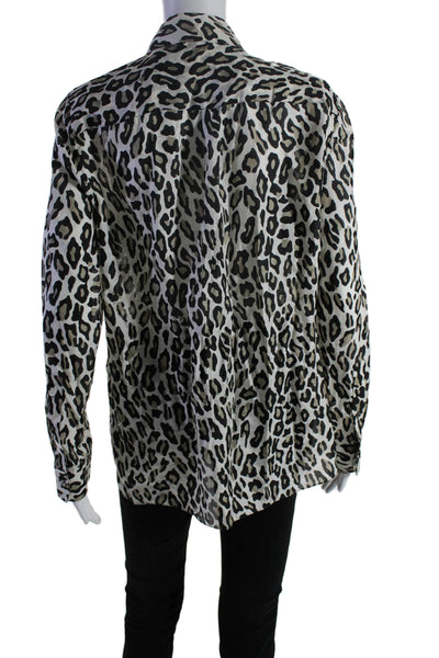 Theory Womens Button Up Long Sleeve Collared Leopard Silk Top White Black Medium